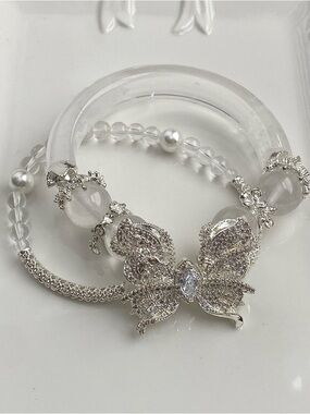 B173-Handmade Double Layer Clear Quartz Butterfly Half Bangle Bracelet
